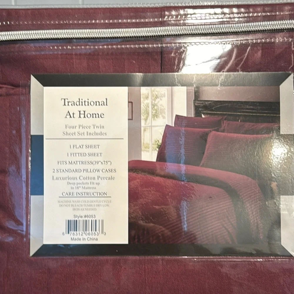 Traditional At Home 4pc Twin Sheet Set Plum Purplish Red Stripes embossed